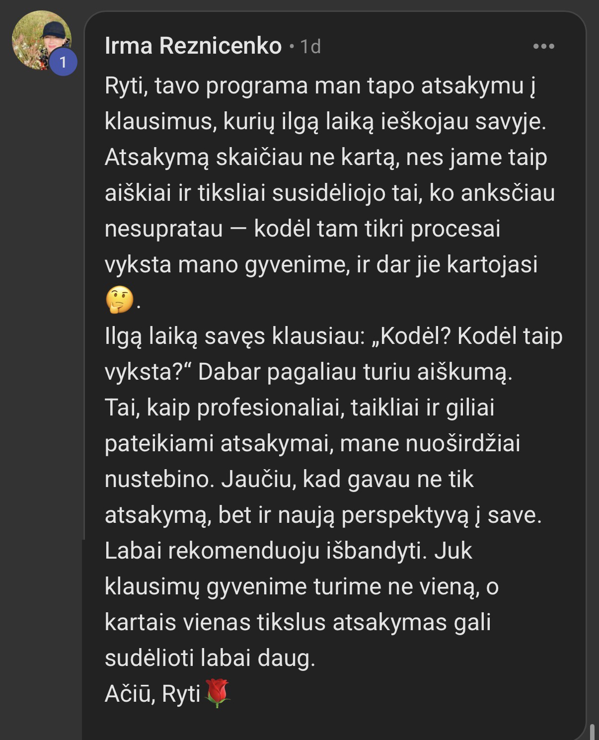 Irma Rezničenko atsiliepimas apie asmeninį atsakymą
